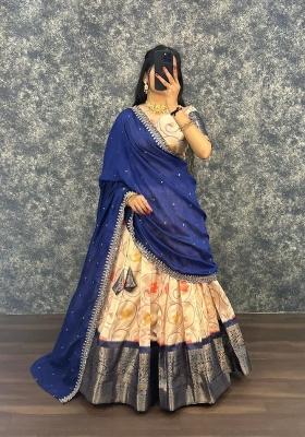 Blue Printed Silk Blend Lehenga Set