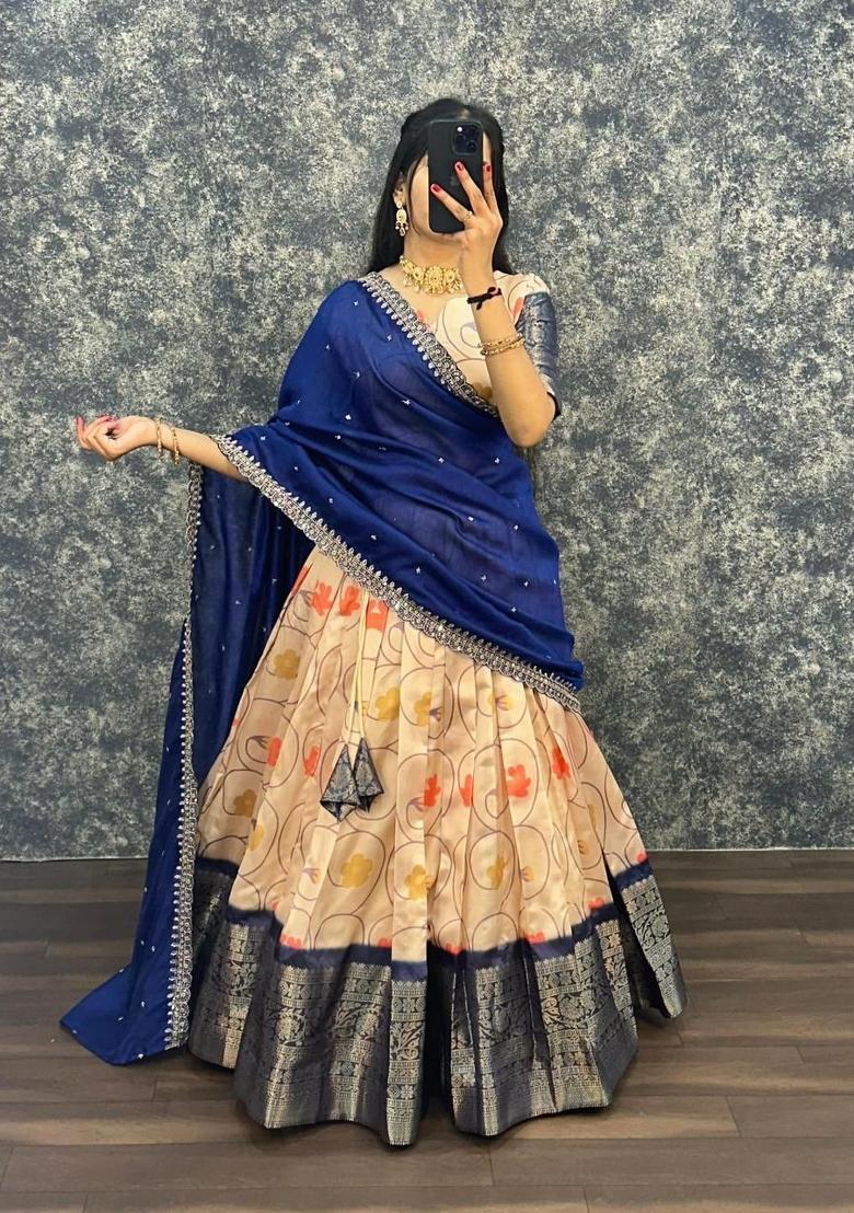 Blue Printed Silk Blend Lehenga Set - Indya