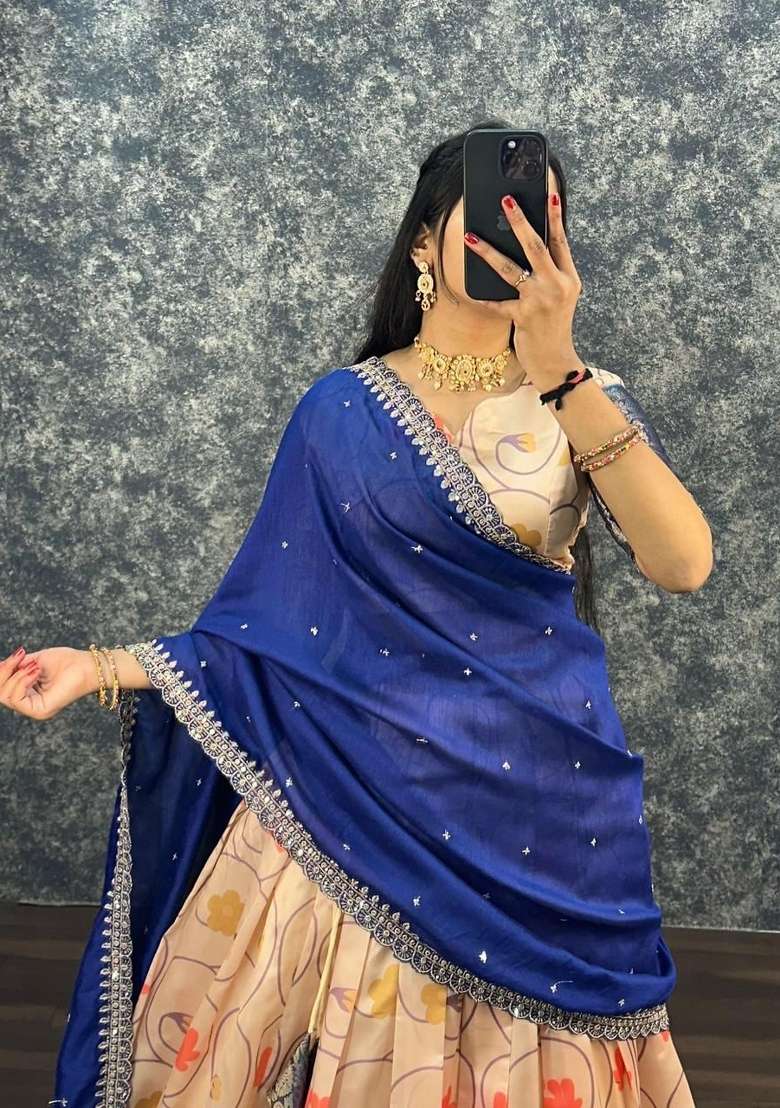 Blue Silk Blend Lehenga Set with Printed for Diwali | Wedding & Festive Wear - Indya