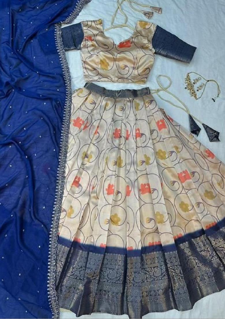 Blue Printed Silk Blend Lehenga Set - Indya