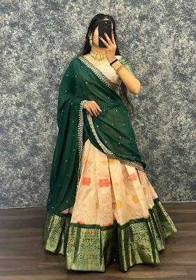 Green Printed Silk Blend Lehenga Set