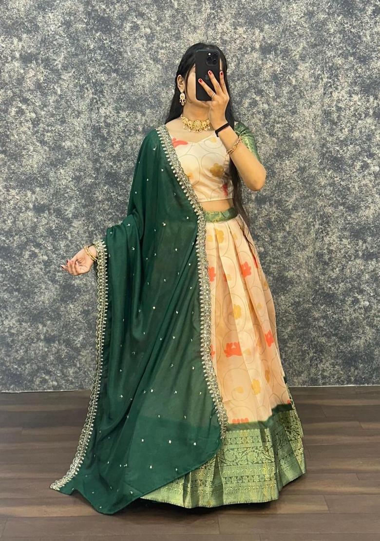 Green Printed Silk Blend Lehenga Set - Indya