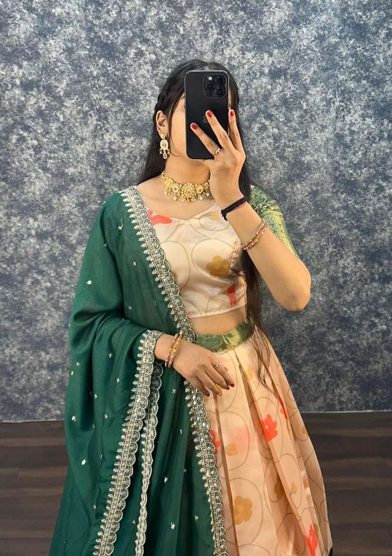 Green Silk Blend Lehenga Set with Printed for Diwali | Wedding & Festive Wear - Indya