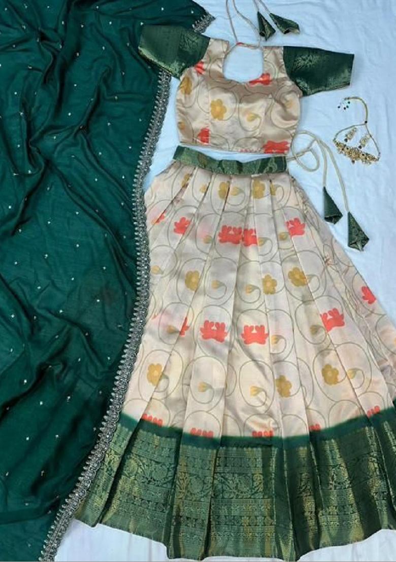 Green Printed Silk Blend Lehenga Set - Indya