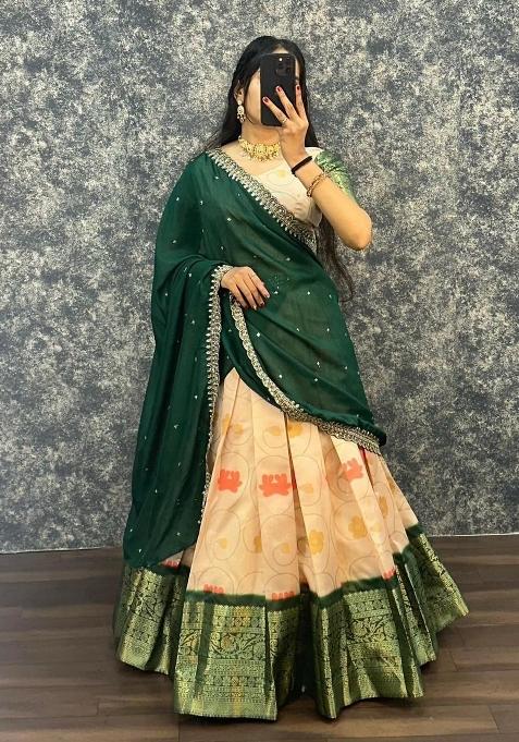 Green Printed Silk Blend Lehenga Set