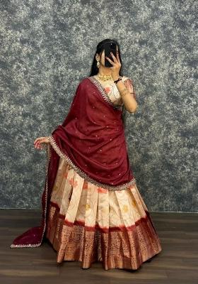 Red Printed Silk Blend Lehenga Set
