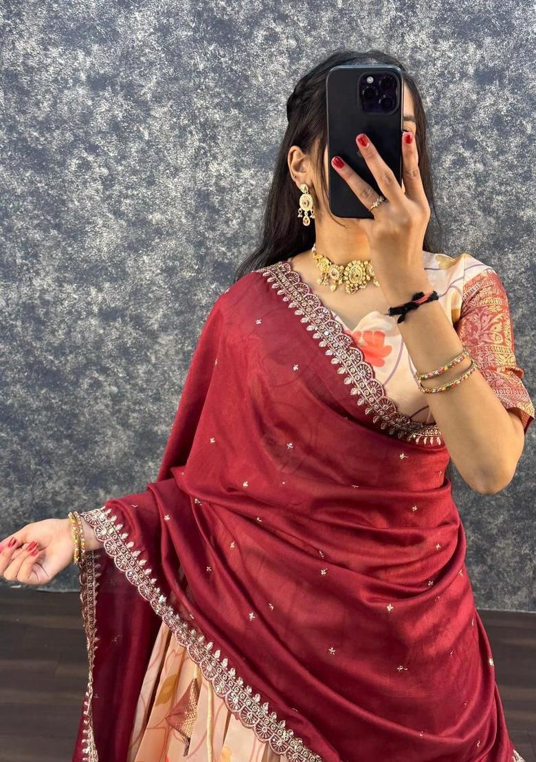 Red Printed Silk Blend Lehenga Set - Indya
