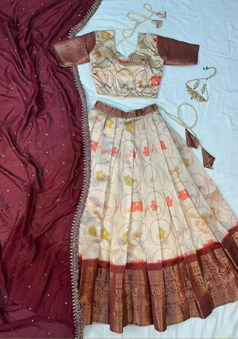 Red Silk Blend Lehenga Set with Printed for Diwali | Wedding & Festive Wear - Indya