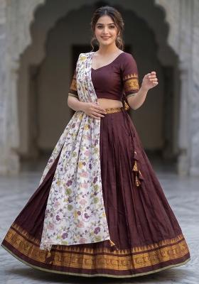 Brown Floral Print Jacquard Lehenga Set