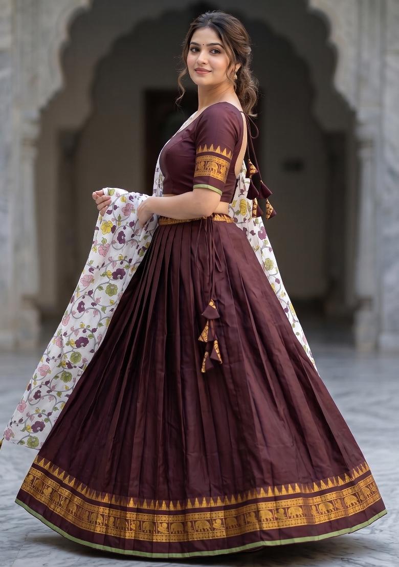 Brown Floral Print Jacquard Lehenga Set - Indya