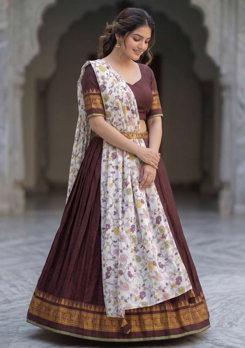 Brown Floral Print Jacquard Lehenga Set for Diwali and Festive Wear - Indya