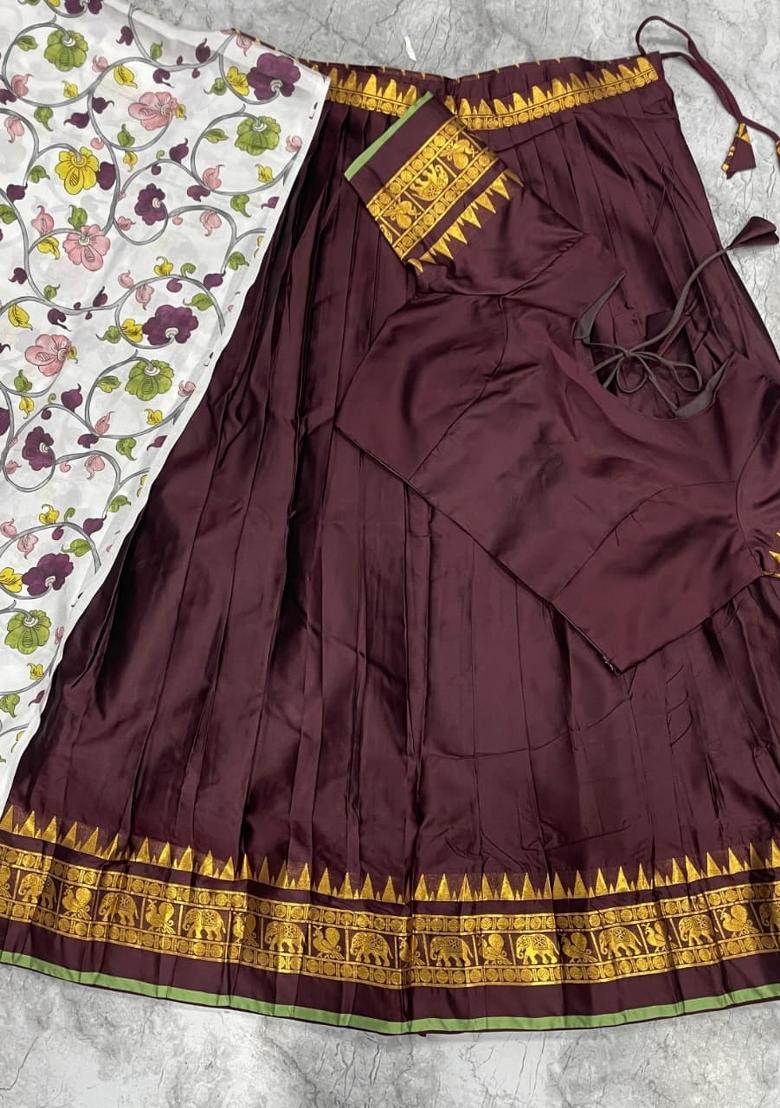 Brown Floral Print Jacquard Lehenga Set - Indya