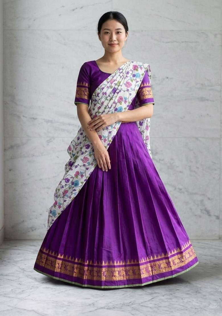 Purple Floral Print Jacquard Lehenga Set for Diwali and Festive Wear - Indya