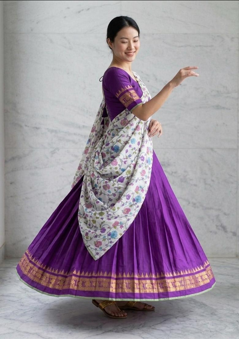 Purple Floral Print Jacquard Lehenga Set - Indya