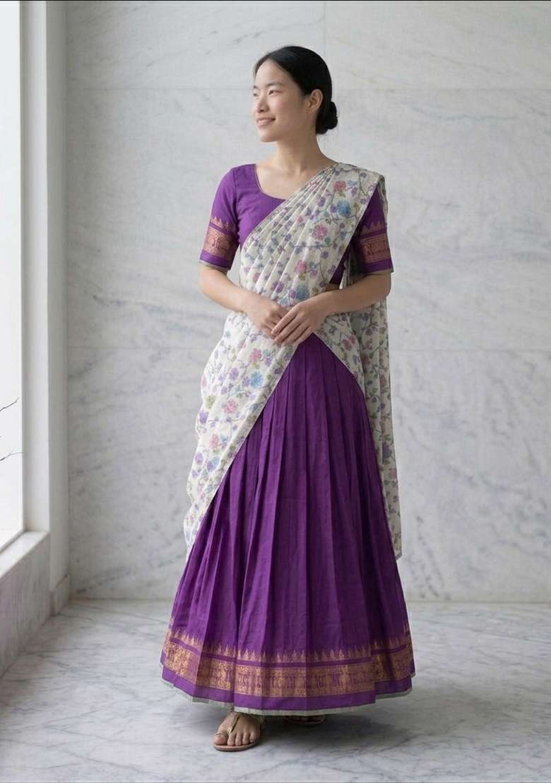 Purple Floral Print Jacquard Lehenga Set for Diwali and Festive Wear - Indya