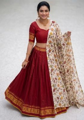 Red Floral Print Jacquard Lehenga Set