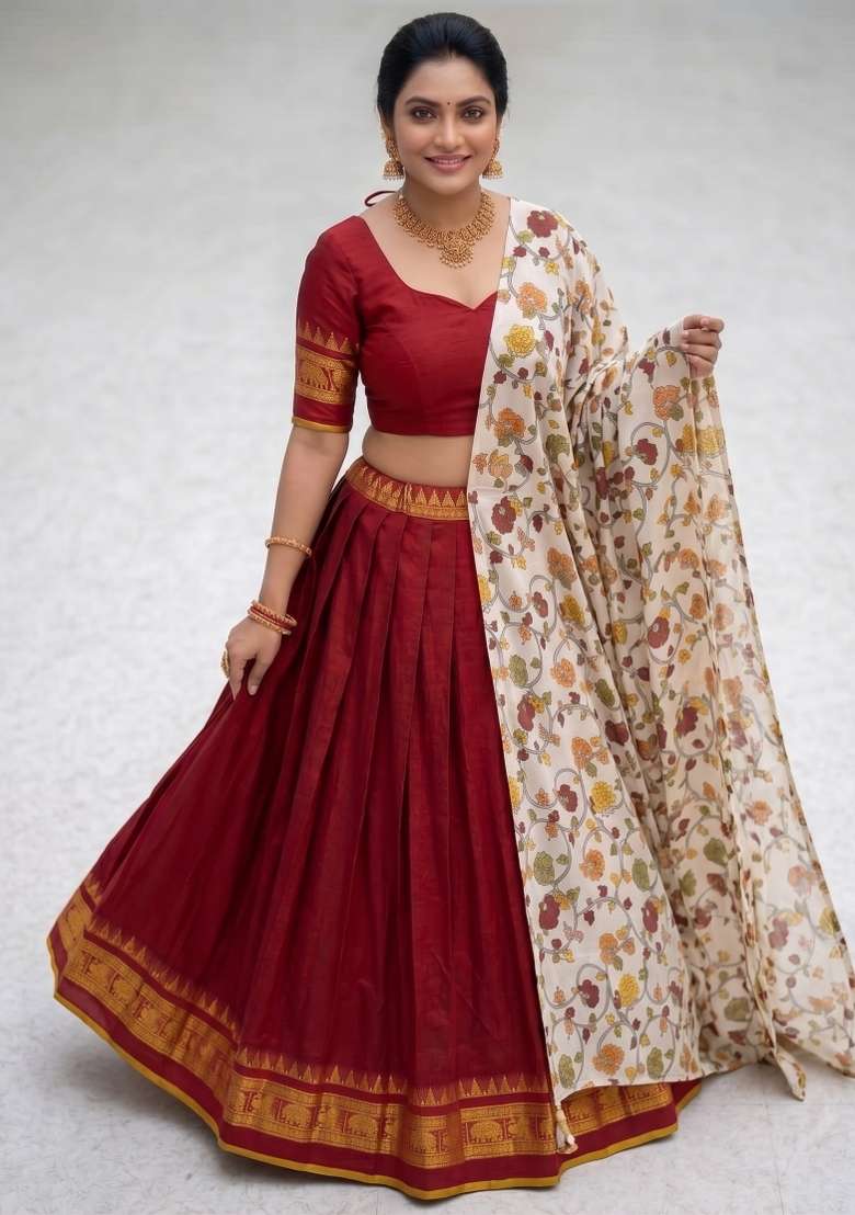 Red Jacquard Lehenga Set with Floral Print for Diwali | Wedding & Festive Wear - Indya