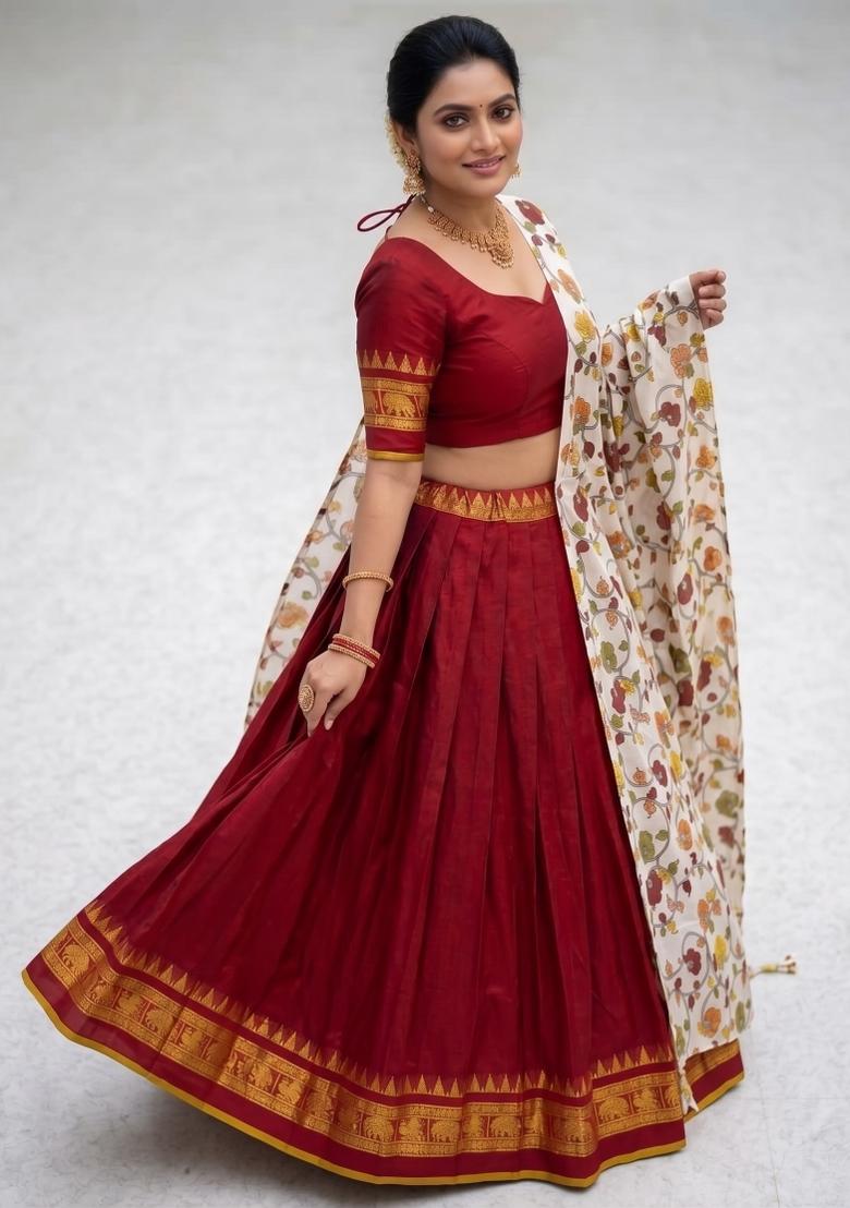 Red Floral Print Jacquard Lehenga Set - Indya