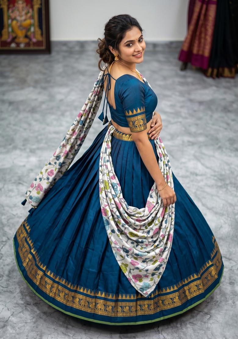 Teal Floral Print Jacquard Lehenga Set - Indya