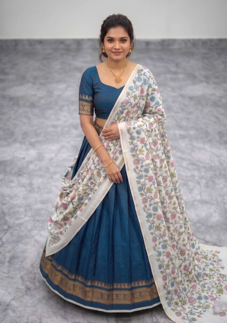 Teal Jacquard Lehenga Set with Floral Print for Diwali | Wedding & Festive Wear - Indya