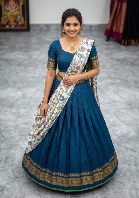 Teal Floral Print Jacquard Lehenga Set