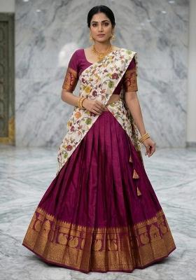 Wine Floral Print Jacquard Lehenga Set