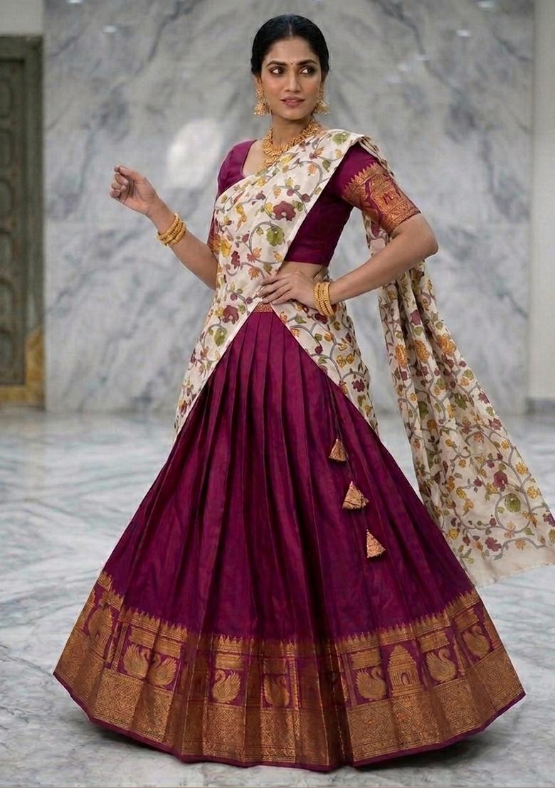 Wine Floral Print Jacquard Lehenga Set - Indya