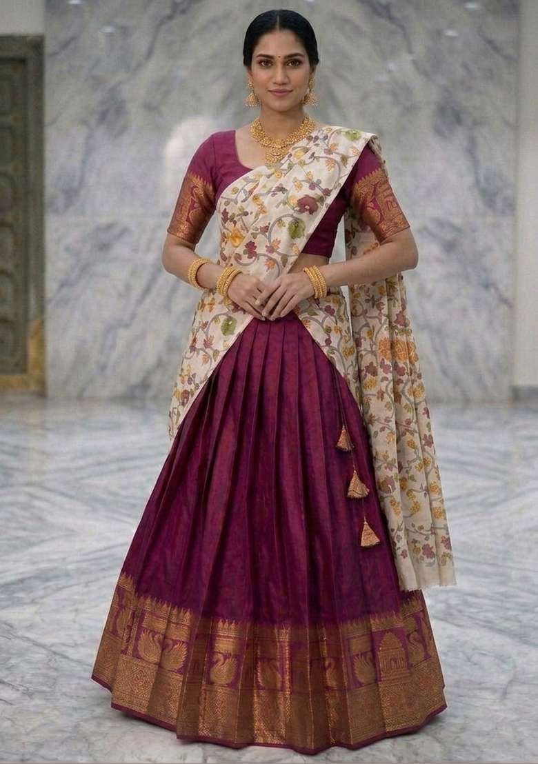 Wine Floral Print Jacquard Lehenga Set for Diwali and Festive Wear - Indya