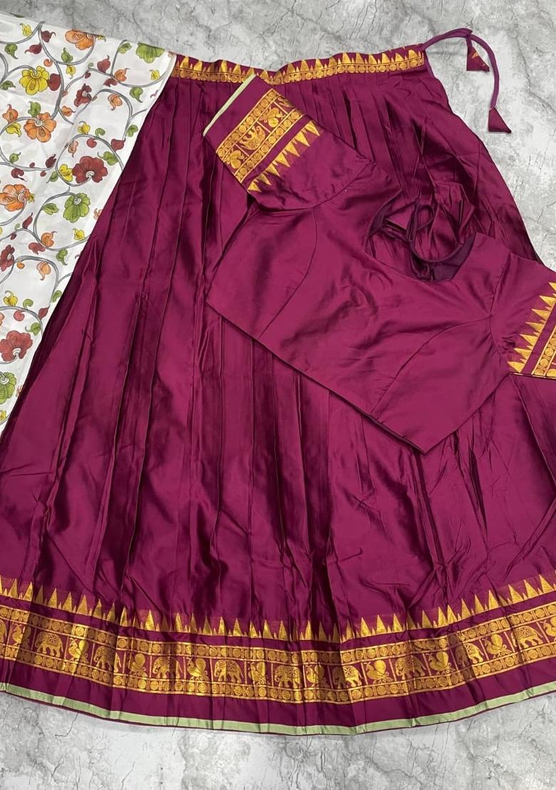 Wine Floral Print Jacquard Lehenga Set - Indya