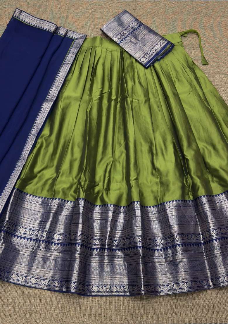 Olive Zari Work Silk Lehenga Set for Diwali and Festive Wear - Indya