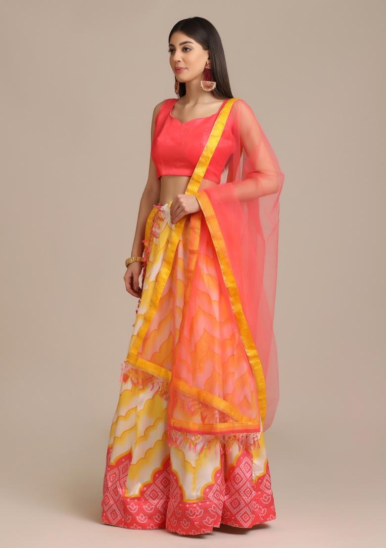Yellow Floral Print Silk Blend Lehenga Set - Indya