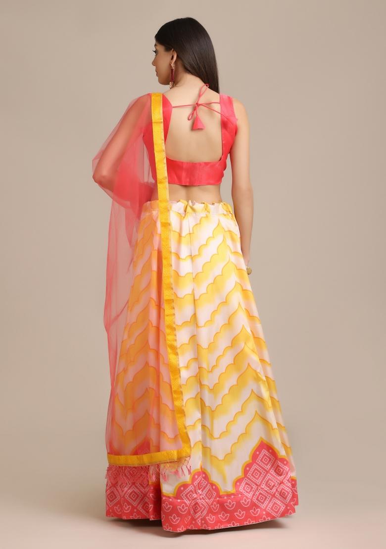 Yellow Floral Print Silk Blend Lehenga Set - Indya