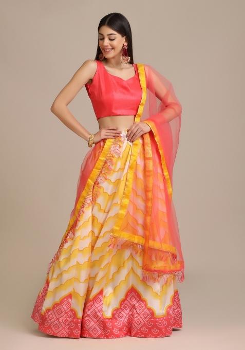 Yellow Floral Print Silk Blend Lehenga Set