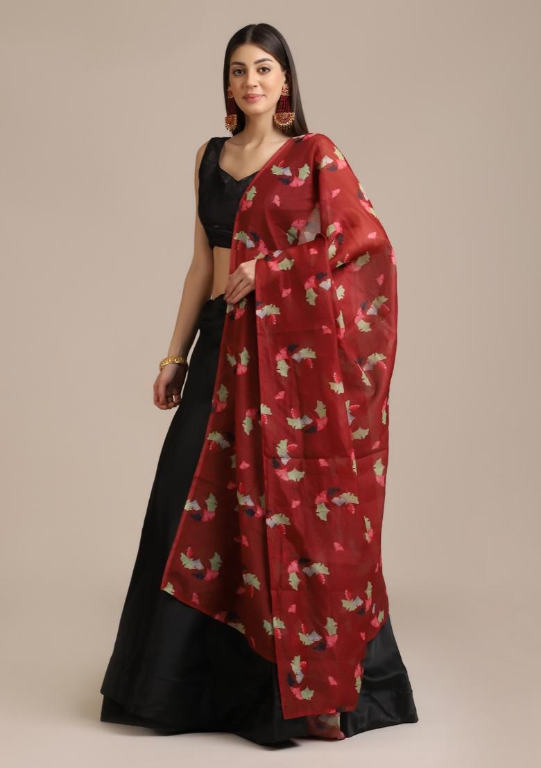 Black Floral Print Silk Blend Lehenga Set - Indya
