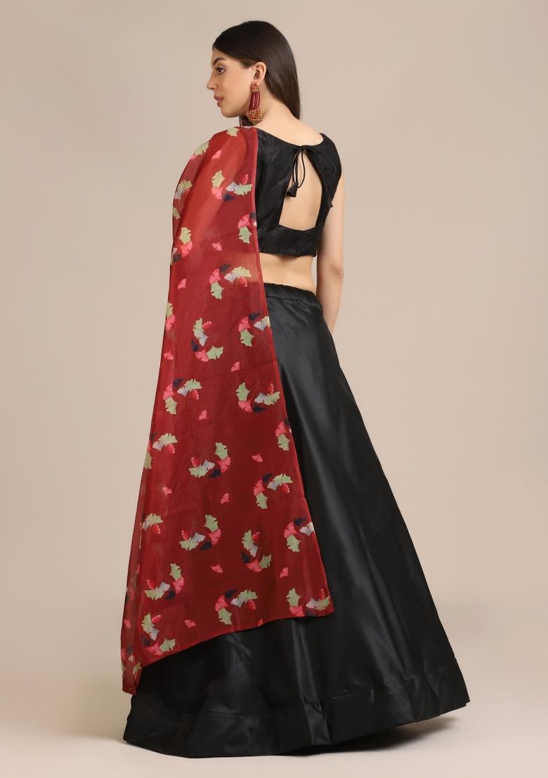 Black Floral Print Silk Blend Lehenga Set - Indya
