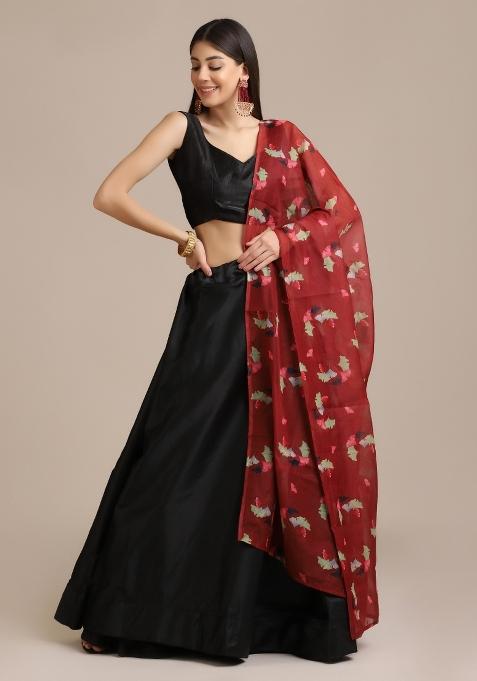 Black Floral Print Silk Blend Lehenga Set