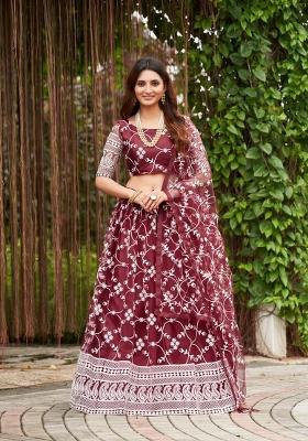 Maroon Embroidered Net Lehenga Set