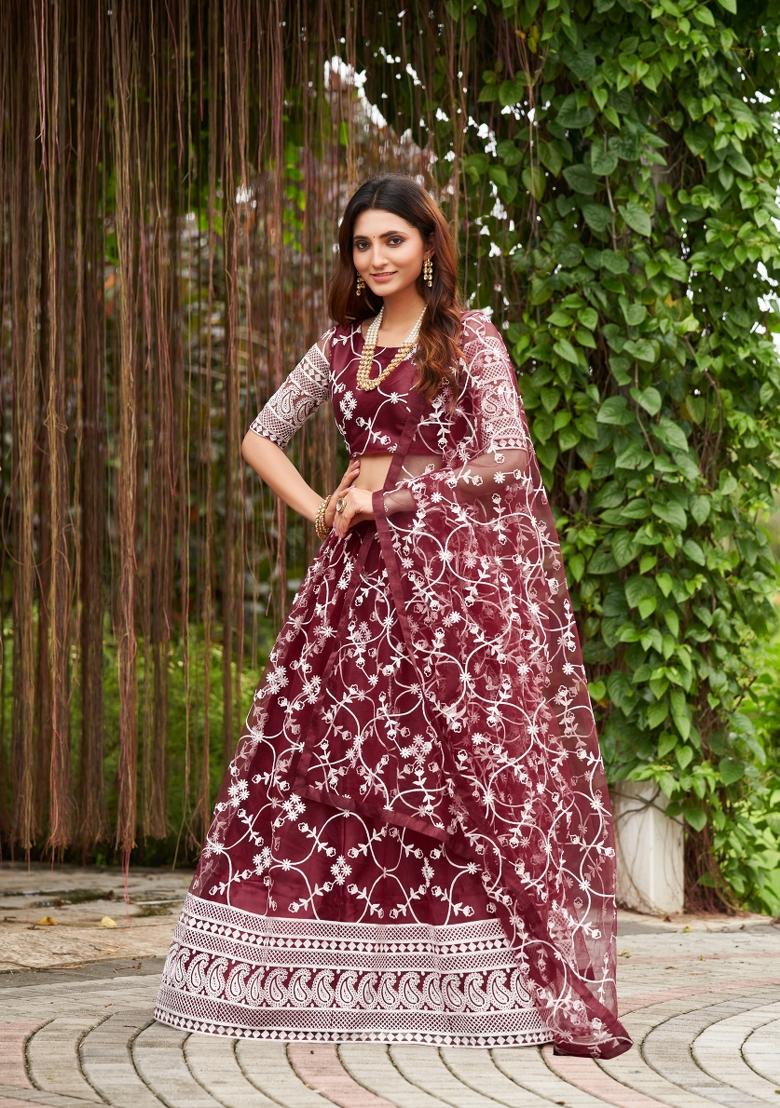 Maroon Embroidered Net Lehenga Set - Indya