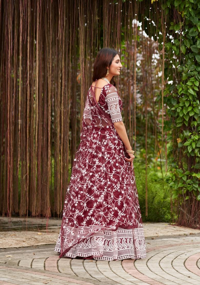 Maroon Embroidered Net Lehenga Set - Indya