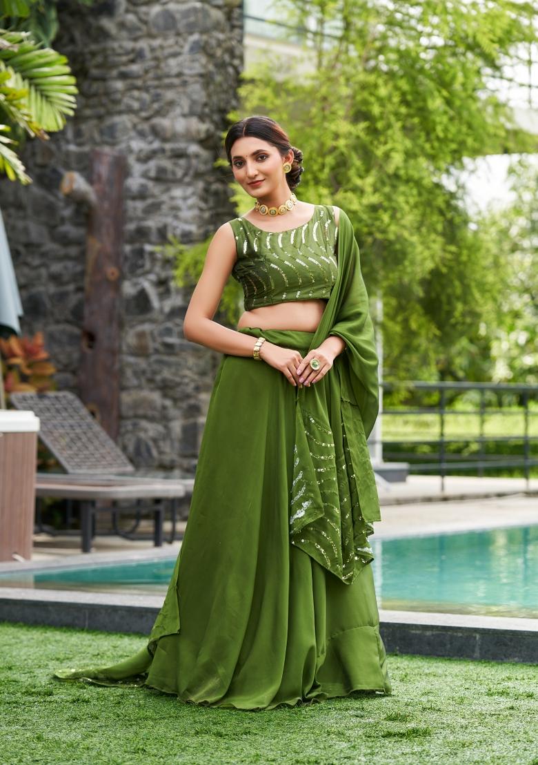 Mehendi Embroidered Silk Blend Lehenga Set - Indya