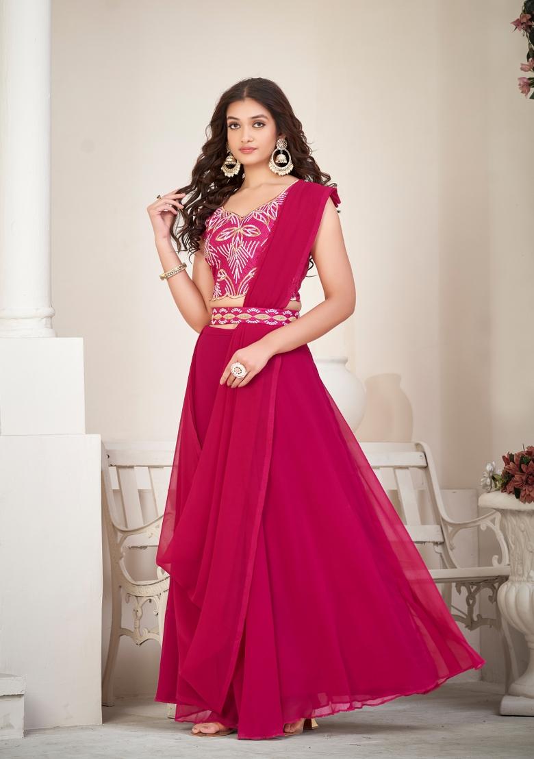 Pink Embroidered Georgette Lehenga Set - Indya