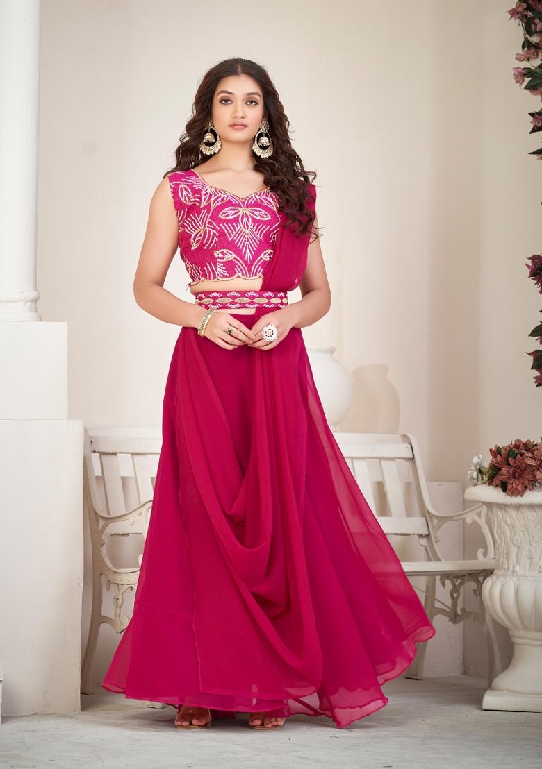 Pink Embroidered Georgette Lehenga Set - Indya