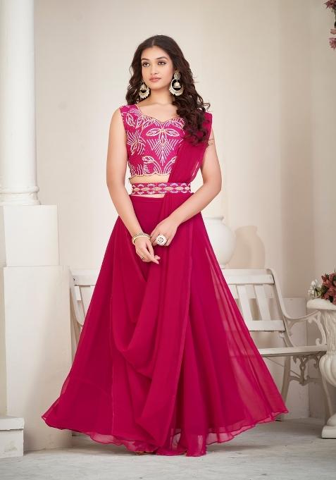 Pink Embroidered Georgette Lehenga Set