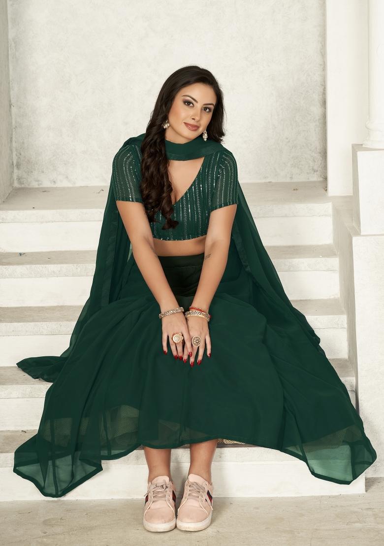 Green Embroidered Georgette Lehenga Set - Indya