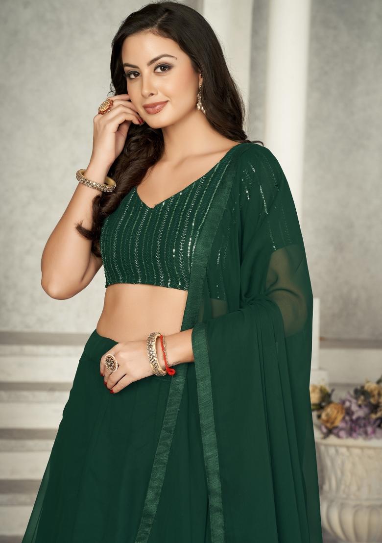 Green Embroidered Georgette Lehenga Set - Indya