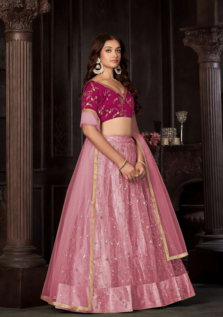 Baby Pink Embroidered Net Lehenga Set - Indya