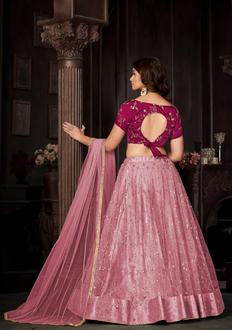Baby Pink Embroidered Net Lehenga Set - Indya