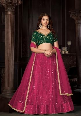 Dark Pink Embroidered Net Lehenga Set