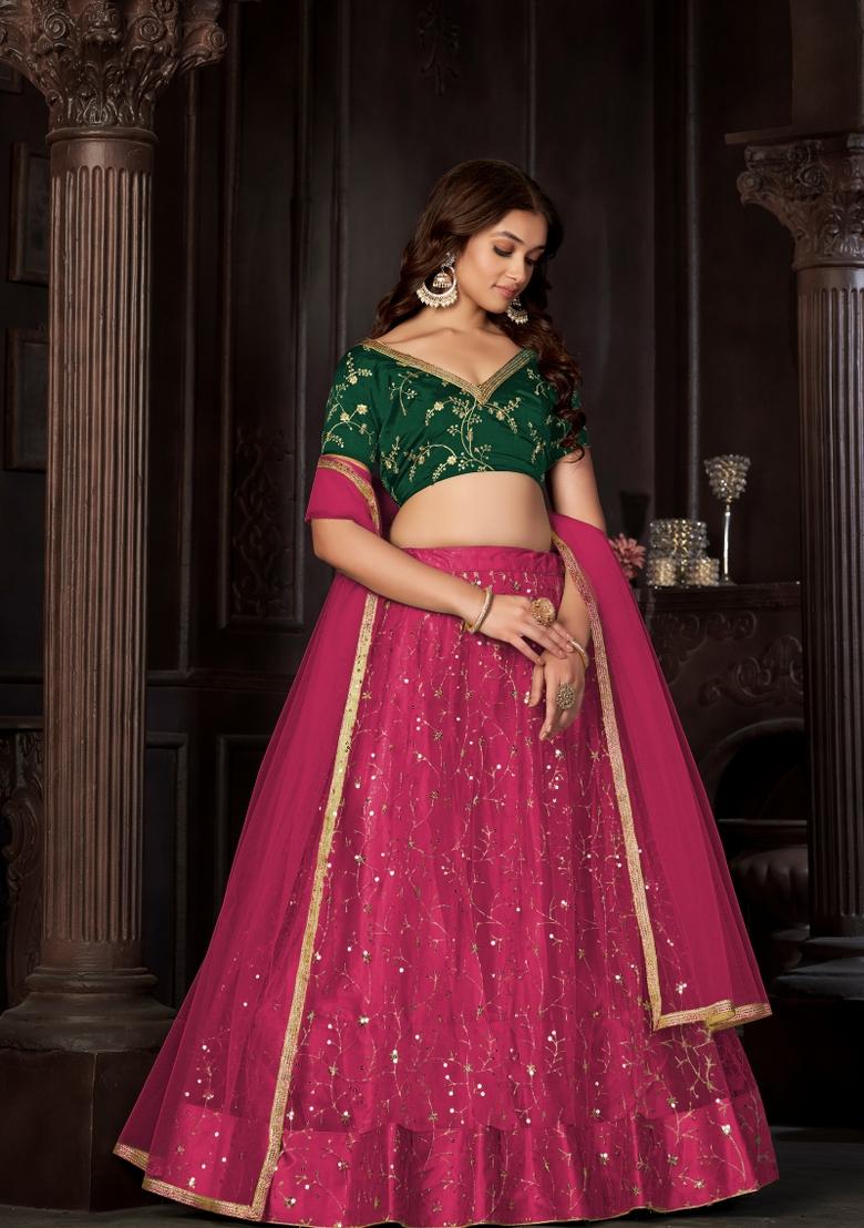 Dark Pink Embroidered Net Lehenga Set - Indya