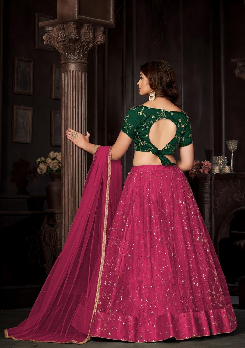Dark Pink Embroidered Net Lehenga Set - Indya